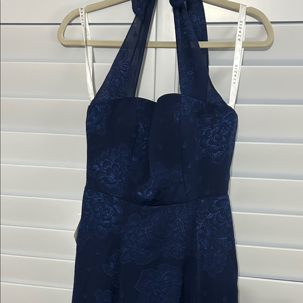 Azazie navy halter dress with floral pattern